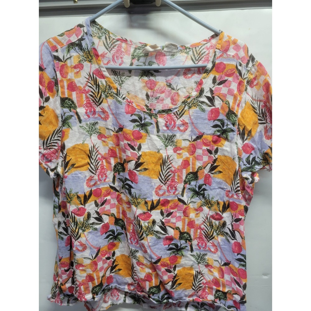 C&C California 1X Linen Tropical Toucan Lobster Print Scoop Neck Top Multi